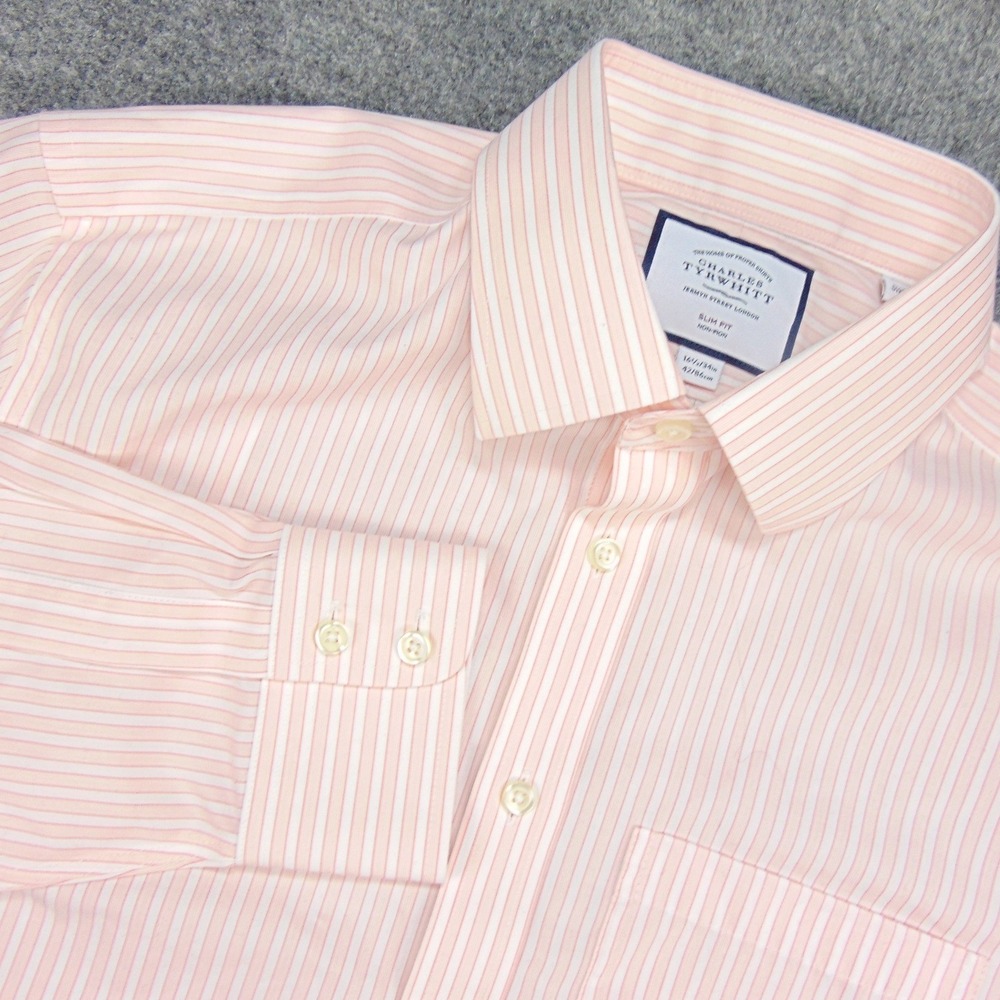 Charles Tyrwhitt Dress Shirt Mens 16.5 Slim Fit Pink Stripe Non-Iron Button Up